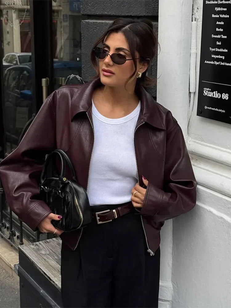 Women Wine Red Lapel Leather Jacket Fashion Full Sleeve Collar Zipper Elastic Waist Coat 2025 Casual Autumn Daily Office Outwear