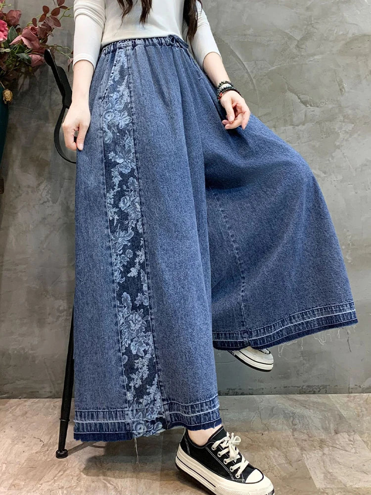 Amax luluE Fashion 2024 Loose Printed Vintage Denim Pants Women Spring Patchwork Jeans Ladies Classic Casual Wide Leg Trousers