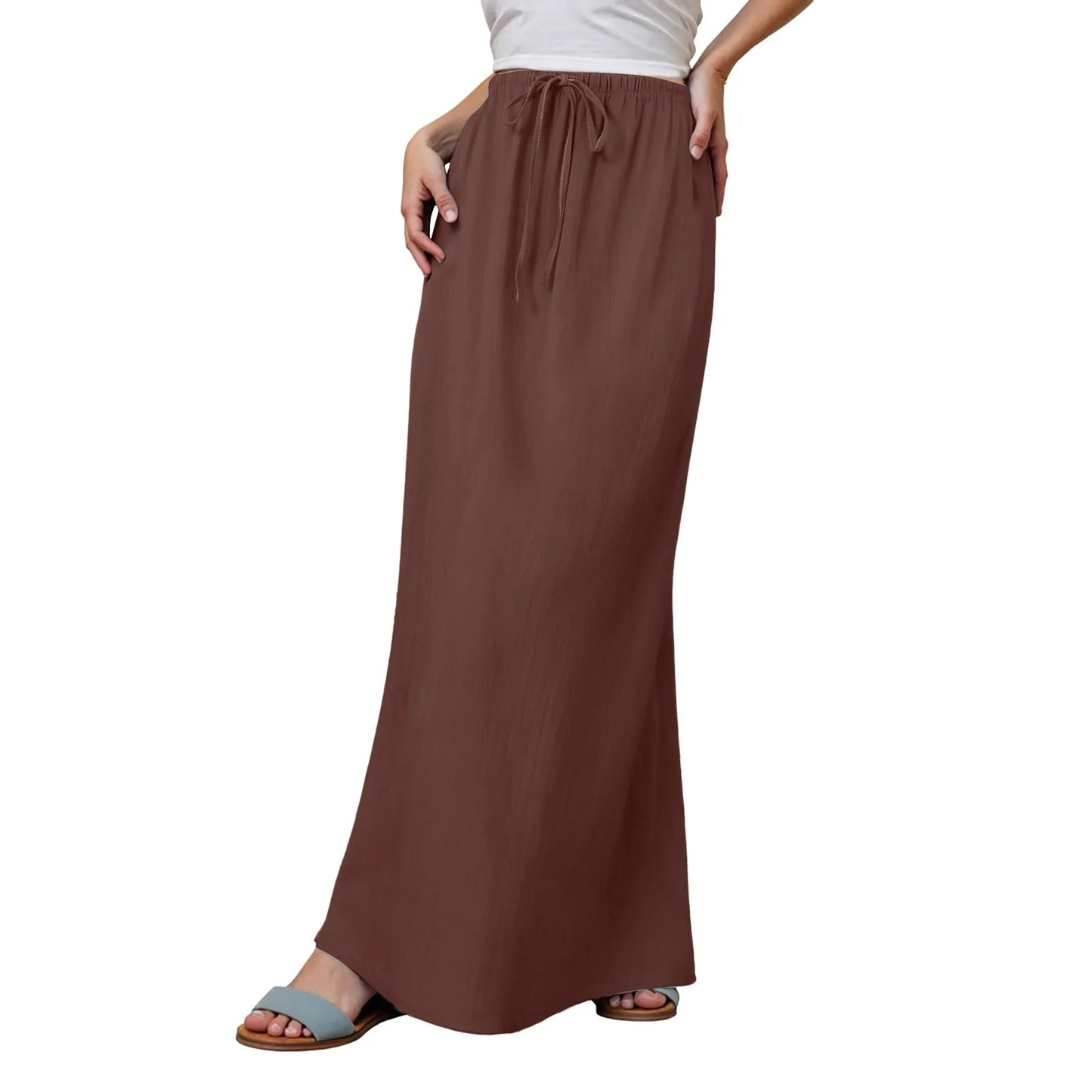Women Summer Cotton Linen A Line Skirts Elastic Waist Drawstring Comfy Trendy Long Skirt Boho Beach Vacation Long Skirt