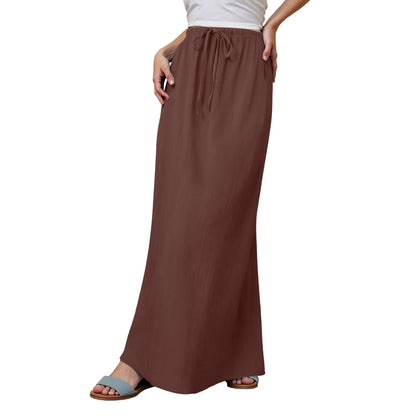 Women Summer Cotton Linen A Line Skirts Elastic Waist Drawstring Comfy Trendy Long Skirt Boho Beach Vacation Long Skirt