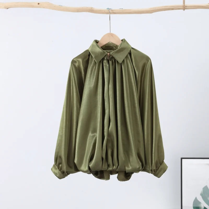 Pleated Zipper Green Oversize Jacket Women Long Lantern Sleeve Lapel Folds Elegant 2025 Spring Coat Street Commuter Lady Tops
