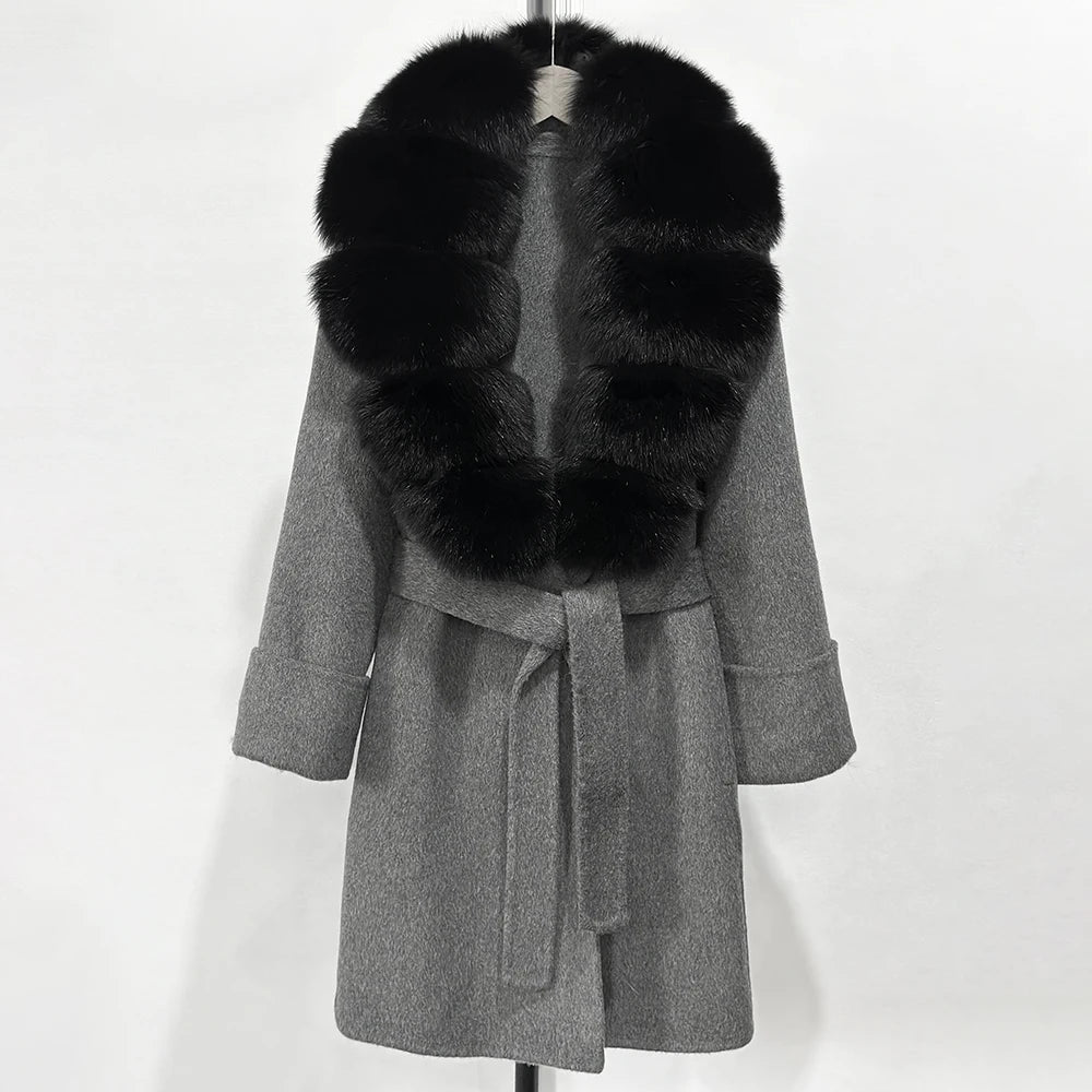 GENHUA 2025 New Winter Cashmere Wool Blends Women Natural Fox Fur Collar Cuffs Slim Fit Suit Double Sided Woolen Trench Coat