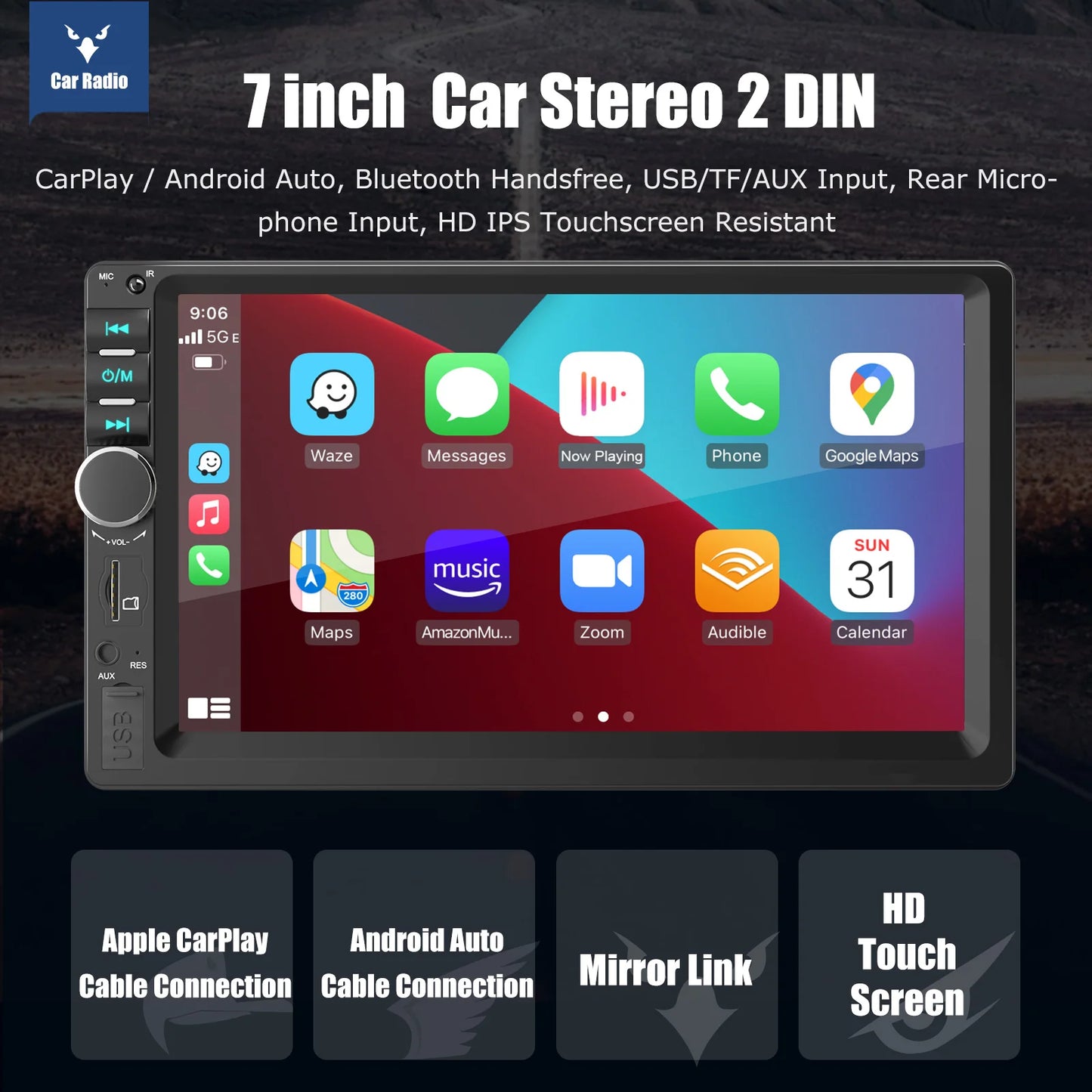 ESSGOO 7 Inch Carplay/Android Auto Double 2 DIN Car Stereo Stereo Head Unit Radio AUX FM USB Multimedia MP5 Player