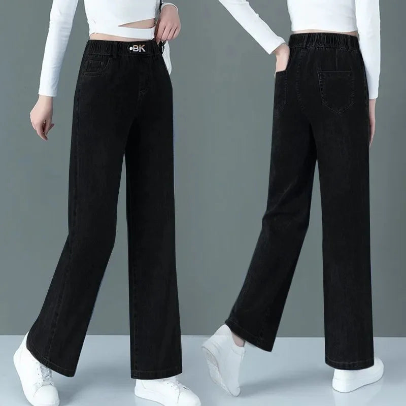 Blue high waisted Elastic jeans Women's clothing 2025 Spring Autumn New Loose Straight leg Pants Casual Denim Wide leg pants