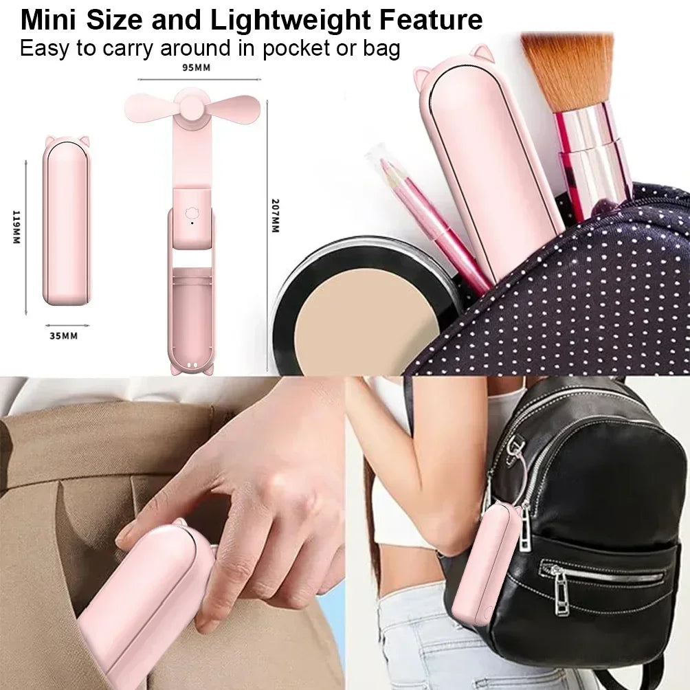 Portable Mini Fan USB Rechargeable Foldable Handheld Fan With Lanyard 3-speed Adjustable Hanging Neck Fans for Outdoor Travel