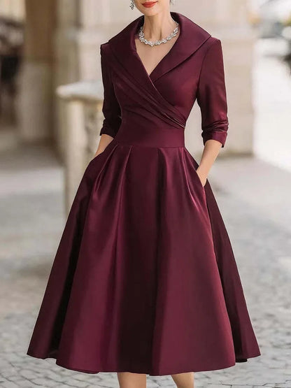 Elegant Solid Color Waist Cinching Sexy V-neck Dress Autumn Winter Women's Clothing New Long Sleeved Dress Pockets Ropa Mujer