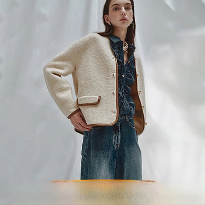 Discounted Self-Recommended Qianjinfeng Woolen Coat round Ne Color Blo Commuter Versatile Long Sve Button up ort Out...