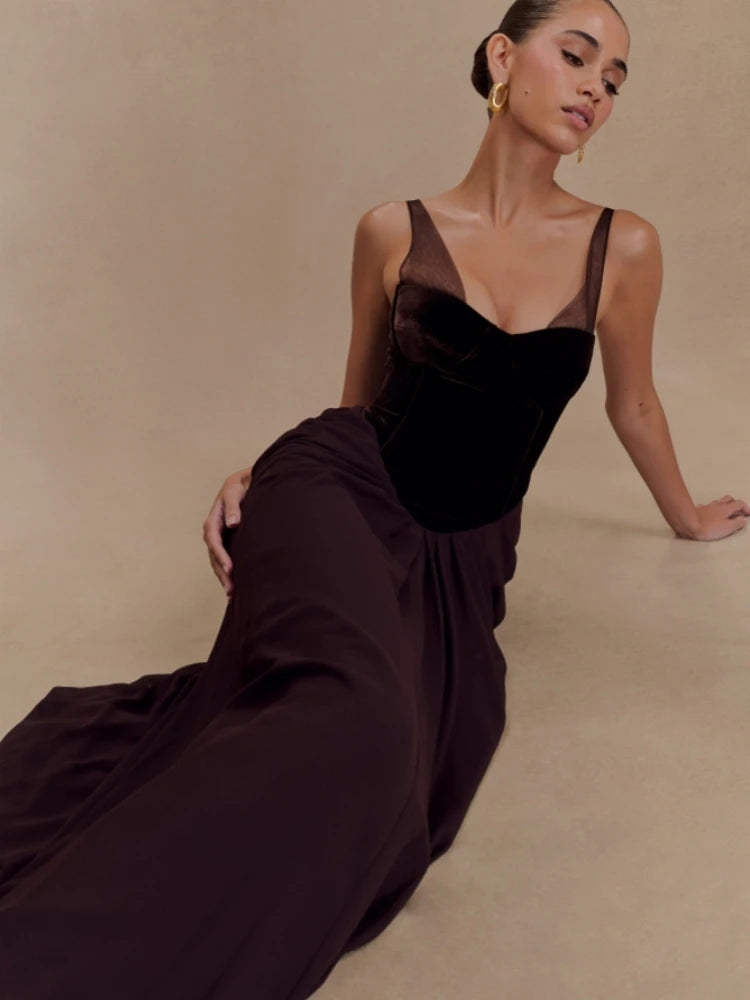 New Sexy Mesh Straps Velvet Corset Patchwork Long Dress Women Sleeveless Backless Folds Slim Dresses Elegant Evening Party Gowns