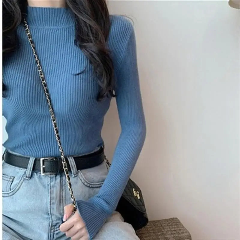 2026 Autumn Basic Bottoming Sweater Top Women Ribbed Soft Mock Neck Elastic Pullover Warm Solid Color Slim Jumper