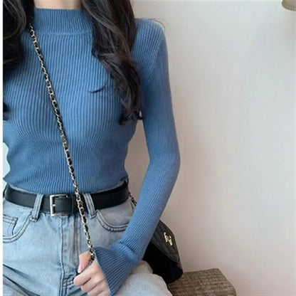 2026 Autumn Basic Bottoming Sweater Top Women Ribbed Soft Mock Neck Elastic Pullover Warm Solid Color Slim Jumper