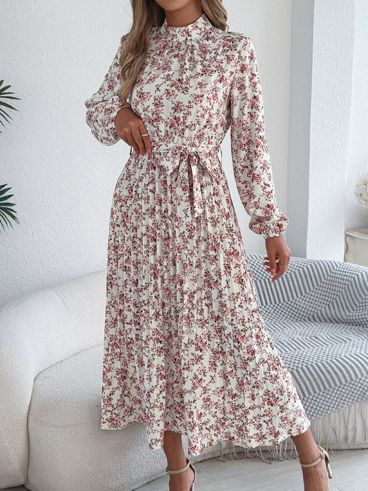 Floral Stand Up Collar Bridesmaid Dress 2026 Spring Summer Elegant Long Sleeve Waist Cinched Pleated Dresses Valentine's Day