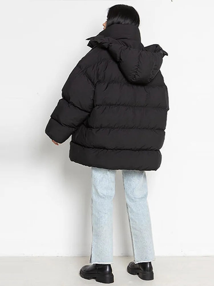Winter Warm Hooded Cotton Jacket Women Fashion Standneck Zipper Long Sleeves Oversize Coats 2025 Female Chic Casual Outerwear