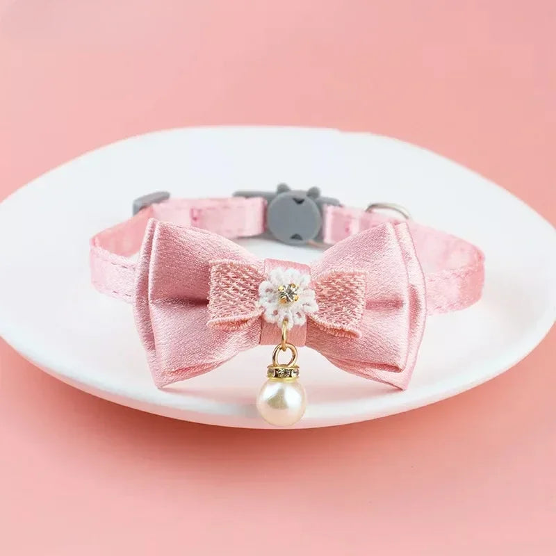 Pet Collar Pink Lace Bow Hanging Bead Cat Collar with Bell Pet Dog Kitten  Accessories Fof Small Dogs Pet Products