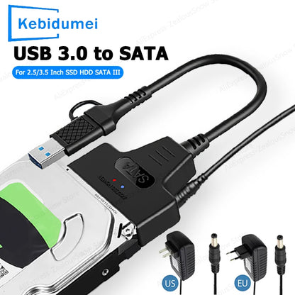 SATA To USB 3.0/Type-C Cable SATA III Hard Drive Adapter Up To 6 Gbps for 2.5 3.5 Inch HDD SSD Hard Drive Disk with 12V/2A Power