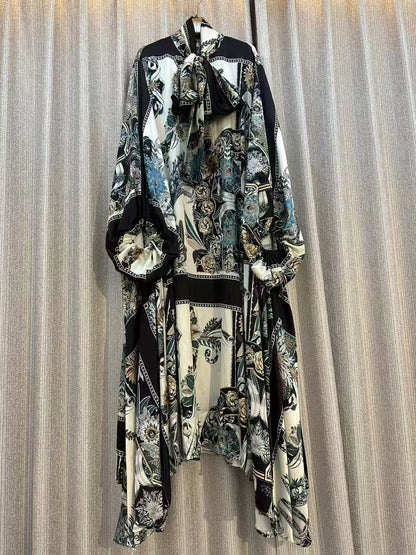 Retro Designe New Women's Fashion Elegant Autumn Long Sleeve Casual Loose Print Dress Female High Waist Chic Party Maxi Dress ﻿