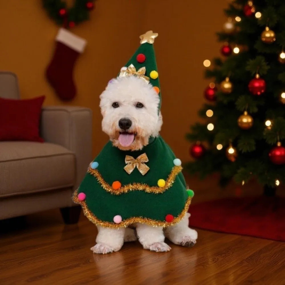 Cartoon Christmas Dog Cape Christmas Tree Design Polyester Pet Cloak Unique Adjustable Pet Christmas Clothing