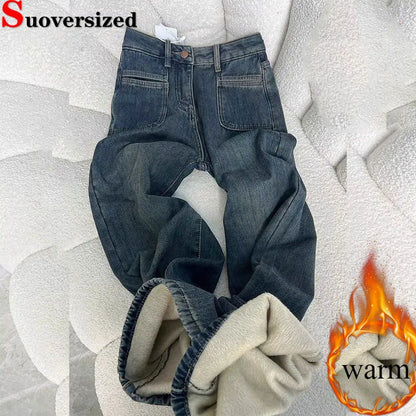 Korean Design Velvet Lined Straight Jeans Women Casual Vintage High Waist Wide Leg Denim Pants Winter Warm Snow Wear Vaqueros