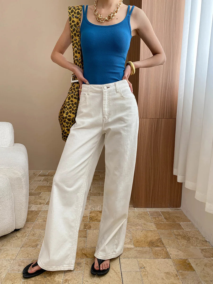 Spring and Autumn Women's Casual Solid Color High Waist Loose Wide Leg Jeans