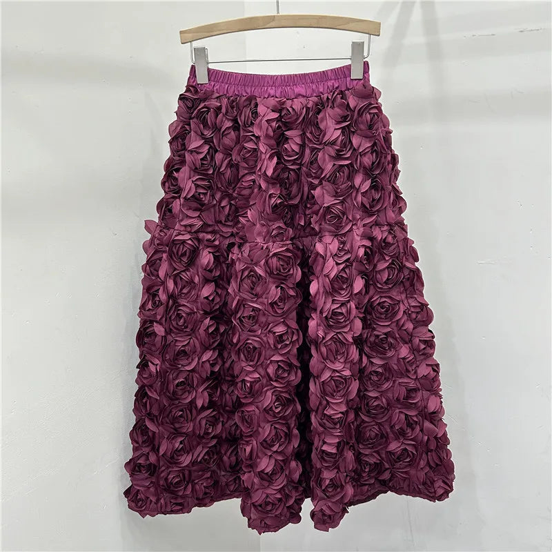 Chic 3D Floral Skirt for Women Temperament Jupe 2025 Faldas Mujer De Moda High Waist Loose Saia A-line Sweet Solid Color Skirts