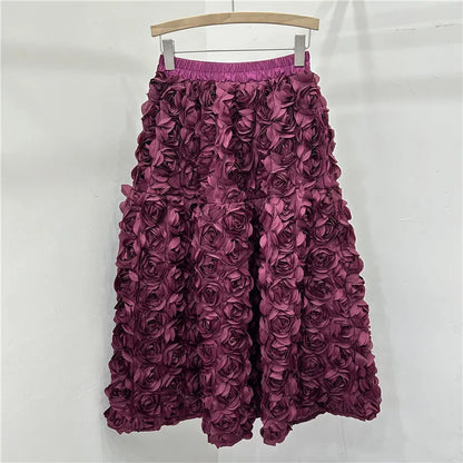 Chic 3D Floral Skirt for Women Temperament Jupe 2025 Faldas Mujer De Moda High Waist Loose Saia A-line Sweet Solid Color Skirts
