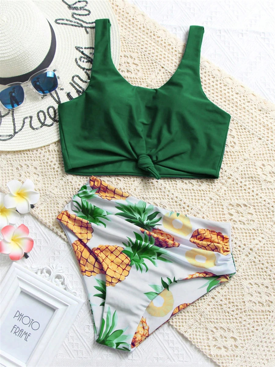 2026 High Waist Bikini Printed Swimsuit Women Sexy Tie Front Swimwear Female Bathers Bathing Swimming Swim Suit Beachwear