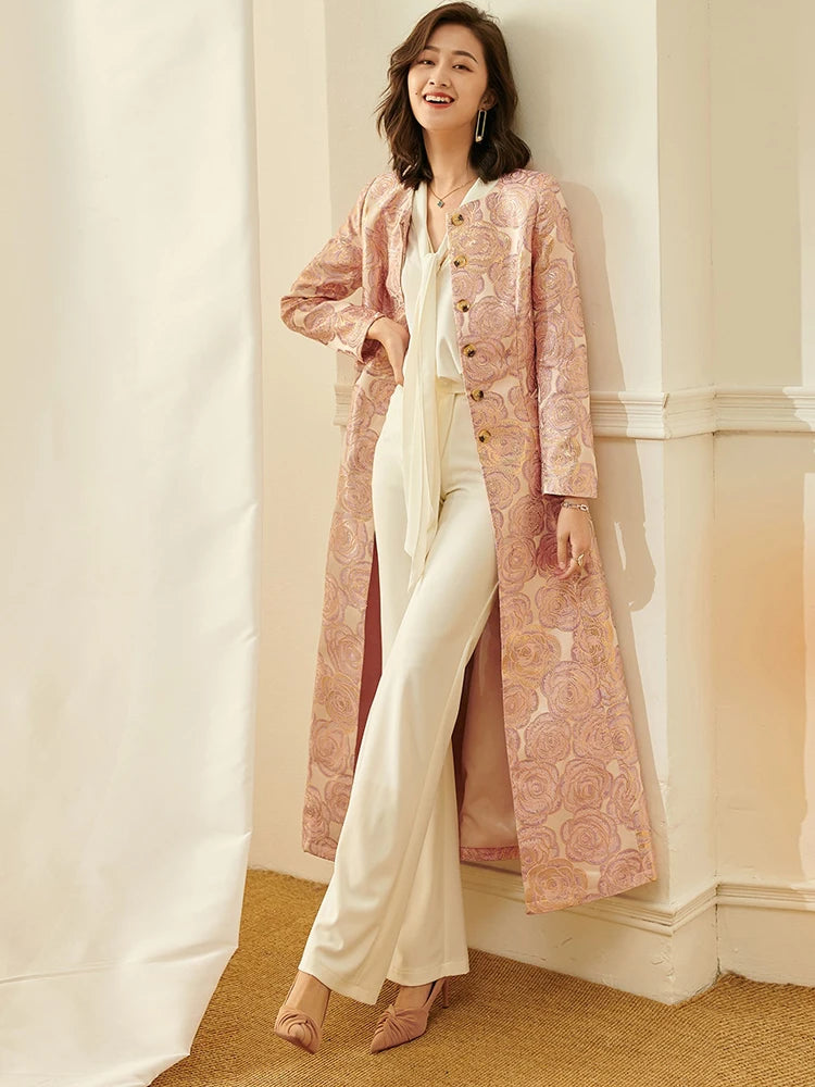 Luxury Women Long Trench Jacquard Coat Button Front Overcoat Fall Winter Floral Elegant Jackets Outerwear Party Outfit Clothes