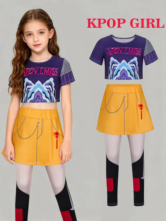 Children's Clothing for Girls, Stage Outfit, Kids' Printed Set, Fashionable Short Top and Skirt-Pants Two-Piece Set for Girls, Suitable for Children Aged 3 to 10, Performance Clothing