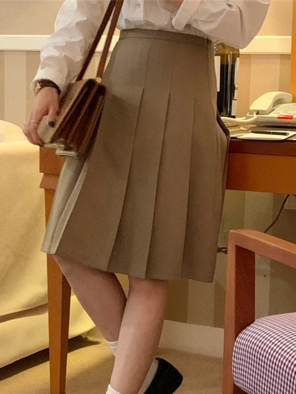 Khaki High Waist A-Line  Skirt Women's Spring Summer New Sle Slimming Small Size Pleated Skirt Commute Sle