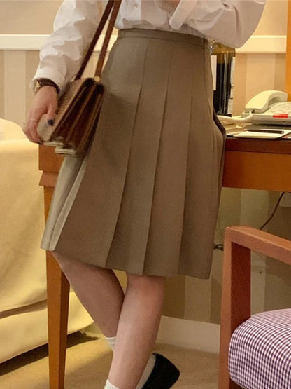 Khaki High Waist A-Line  Skirt Women's Spring Summer New Sle Slimming Small Size Pleated Skirt Commute Sle