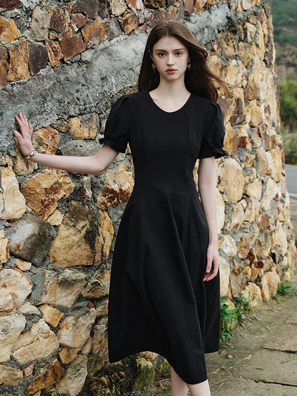 FSLE Women Summer Sleeveless Dress Cotton Long Temperament A-LINE Skirts Short Puff Sleeve Black Dress 24FS12489+24FS12730