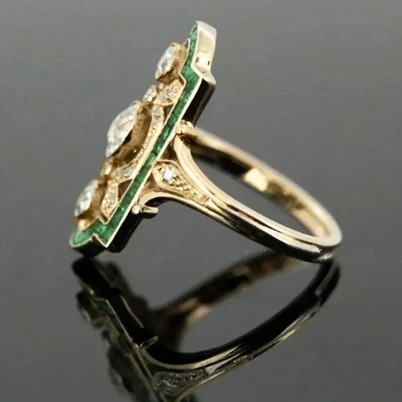 Huitan Vintage Women Ring Unique Design Party Daily Gorgeous Accessories Inlaid Bright White/Green Cubic Zirconia Chic Jewelry