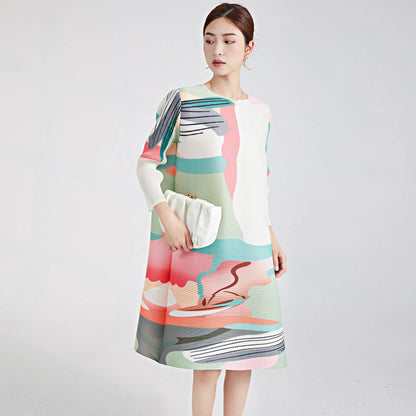 Fashion Pleated Dress Summer Women's Loose Multi Color Printed O-Neck Long Sleeve Mid Length Elegant Three House Dress