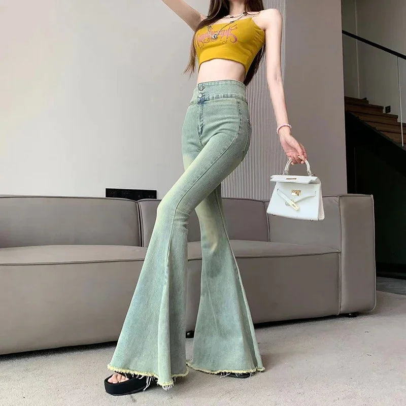 Lucyever Aesthetic Hot Skinny Flare Jeans Women Vintage Slim Fit High Waist Denim Pants Woman Y2K Streetwear Wide Leg Trousers