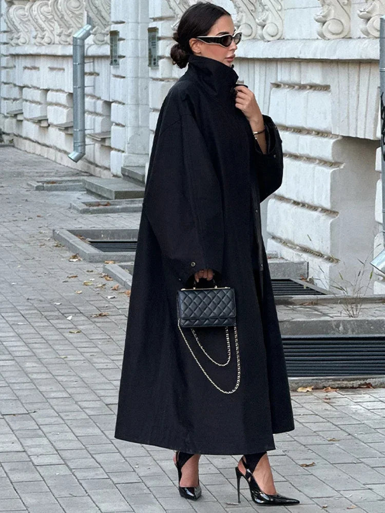 Women's Windproof Trench Coat Chic Long Sleeve Loose Fit Overcoats Stand Collar Long Jackets 2025 Lady Street Fashion Outerwears