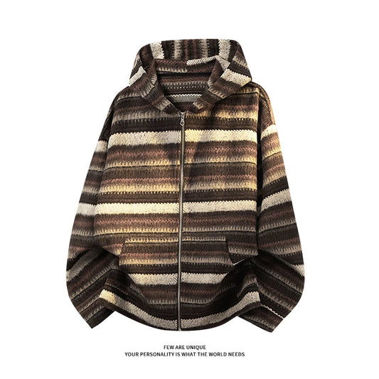 Retro Trend Men's Striped Knit Hooded Cardigan Autumn and Winter Clashing Hooded Jacket Korean Street Couple Hoodie