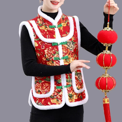 5XL Middle-aged Mother Vest Autumn Winter New Printed Fleece Vest Coat Female Sleeveless Jacket Grandma Thicken Warm Waistcoat