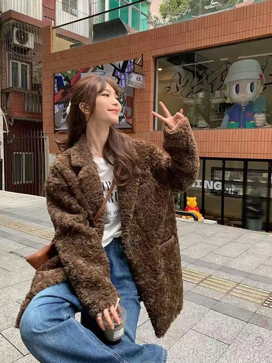 Autumn Faux Lambs Women Coats Y2K Winter Plush Thick Warm A Button Casual Jacket Korean Streetwear All Match Hairy Outerwear