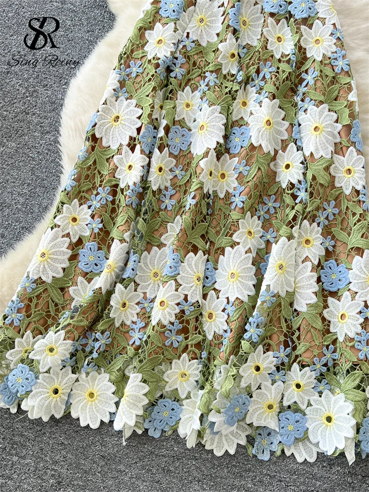 SINGREINY Embroidery 3D Floral Dress Women Sleeveless Hook Flower Hollow Backless Dress 2025 Light Luxury Elegant Long Sundress