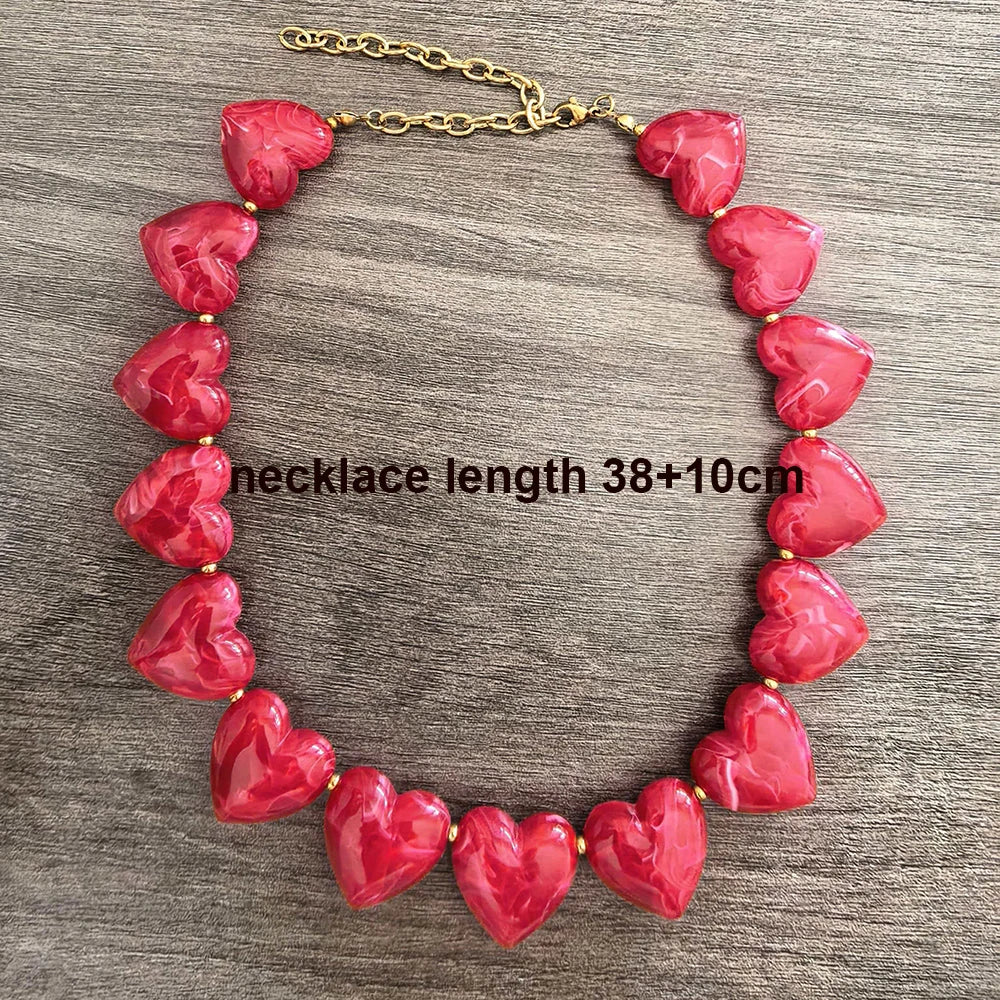 Big Love Heart Necklace Women Choker Statement Bracelet Gold Color Acrylic Beads Stainless Steel PVD Waterproof White Beige Red