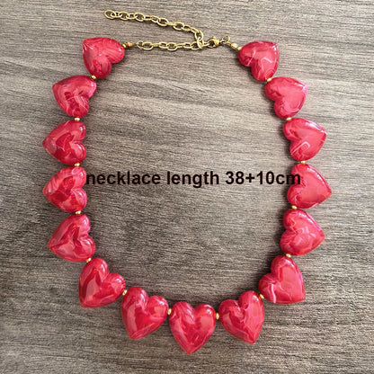 Big Love Heart Necklace Women Choker Statement Bracelet Gold Color Acrylic Beads Stainless Steel PVD Waterproof White Beige Red