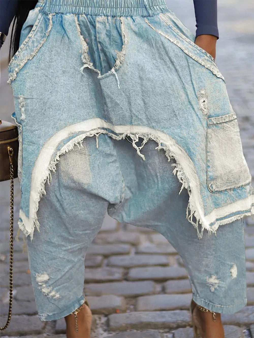 Jeans Women Harem Pants Hole Elastic Waist Tassels Washed Distressed Pockets Streetwear 2025 Ripped Ankle Length Trousers