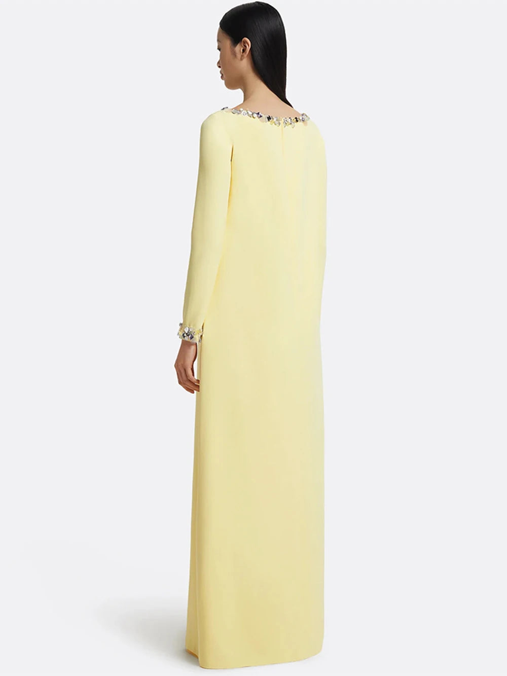 Modphy Loose Solid Crystal Bead Elegant Chic Dresses For Women Round Neck Long Sleeve Solid Long Maxi Dress Female