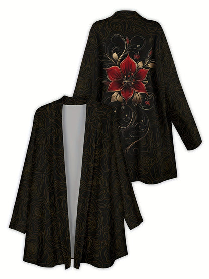 Fashion Women's Vintage Flower Long Sleeve Cardigan, Polyester Open Front, Lightweight Cover Up, Spring Autumn Casual Coat