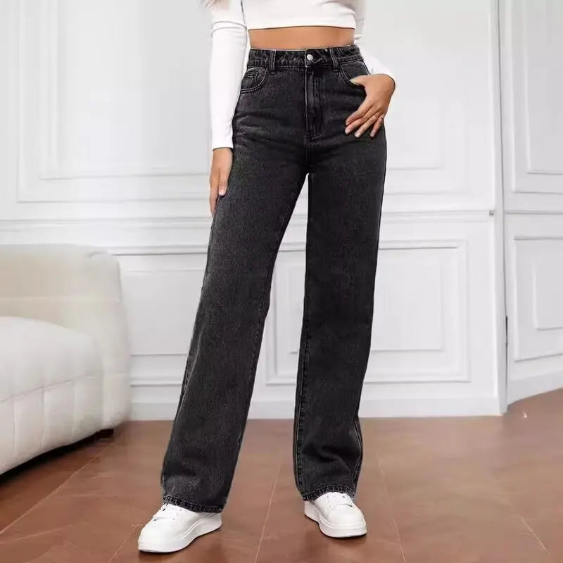 Loose Straight Leg Wide Leg Jeans Casual Sle l Waist Folded Fabric Stand Edition Slight Elastici Pure Color Wome...