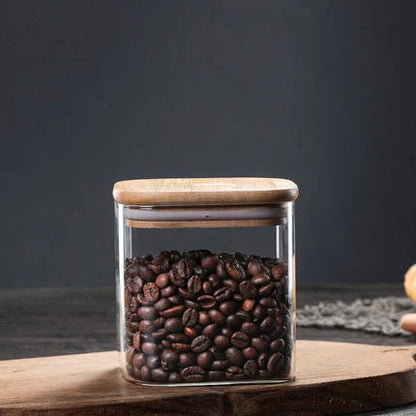 Glass Square Storage Jar with Bamboo Lids Spoon Glass Coffee Canister Food Container for Beans Pasta Candy Spice Rice Loose Tea