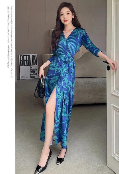 ZAROY Women Wrap Long Dress Summer Sexy V Neck Side Split Party Club Dress Chic Streetwear Elegant Evening Slim Beach Vestidos