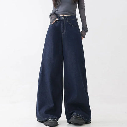 High Waist Straight Leg Loose Fit Denim Jeans Women's Floor Length Lazy Wide Leg Meat Concealing Deep Blue American Style Long P