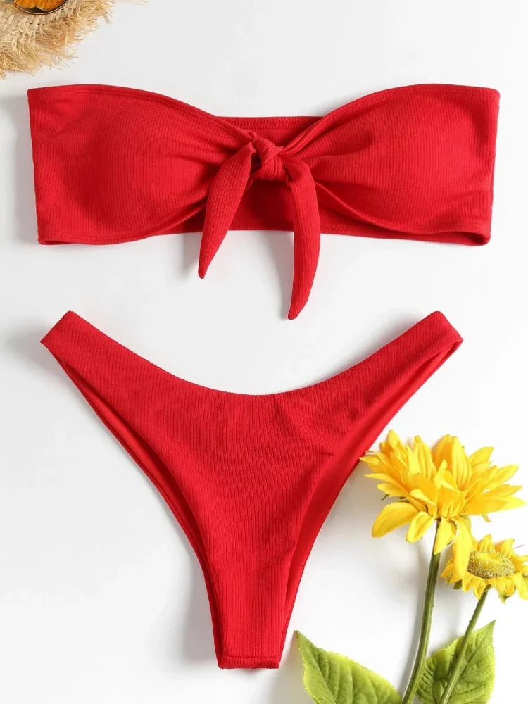 Sexy Women's Ribbed Tube Top Bikini Set White Swimsuit for Women Biquini Traje De Bano Pants Bikini Badeanzug Micro Bikini