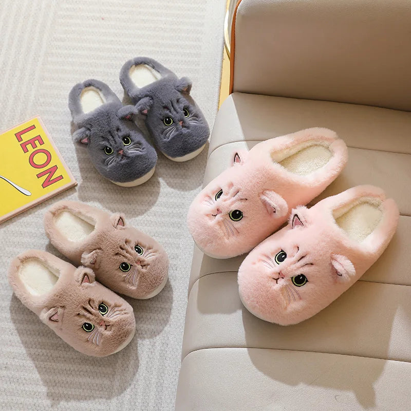 Winterwarme Hausschuhe für Damen, flauschig, mit Katzenmotiv, Cartoon-Fell, Plüsch, für drinnen, bequem, wärmend, flach, Flip-Flop