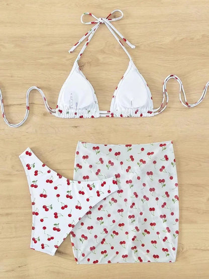 With Mesh Sarong Skirt Cherry Printed Bikini Female Swimsuit Women Swimwear Three Pieces Bikini Set Bathing Suit Swim Beachwear